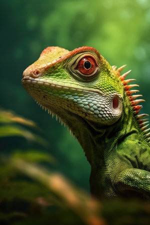 Lizard against green background. Portrait of iguana in nature. Exotic animal in tropical environmentの素材