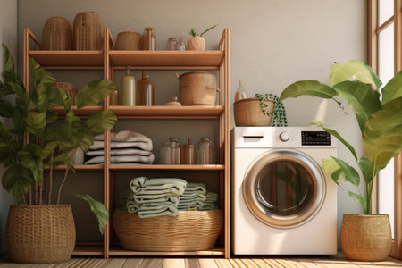 Laundry room with washing machine and dirty clothes in basket. Daily routine and choresの素材