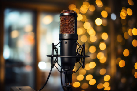 Studio microphone on blurred background. Black professional condenser microphone. Podcast recordingの素材