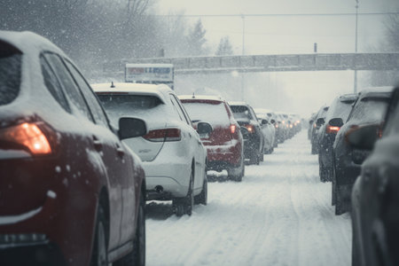 Car driving on slippery snowy street. Transportation accidents at winter season. Road traffic jam due to snowfall in cityの素材