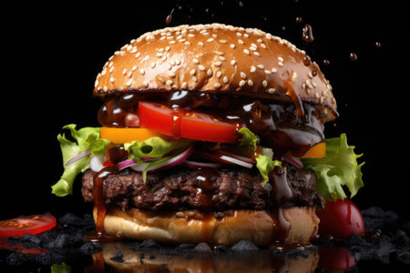 Delicious burger on a dark background. Hamburger with fried cutlet. Junk foodの素材