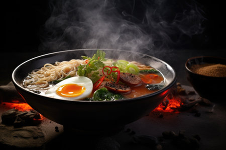 Japanese ramen soup with noodles on dark background. Traditional Asian cuisineの素材