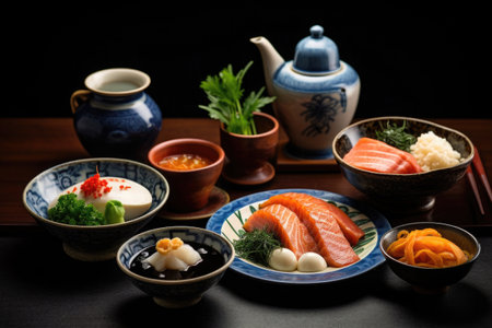 Traditional Japanese breakfast. Different Asian dishes on tableの素材