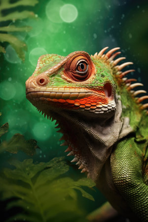 Lizard against green background. Portrait of iguana in nature. Exotic animal in tropical environmentの素材