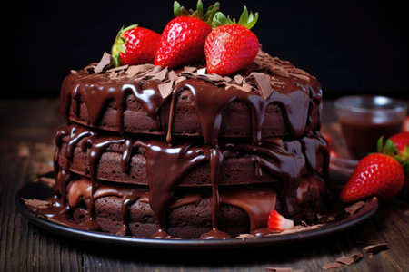 Chocolate cake with strawberries on dark background. Sweet pastries and confectioneryの素材