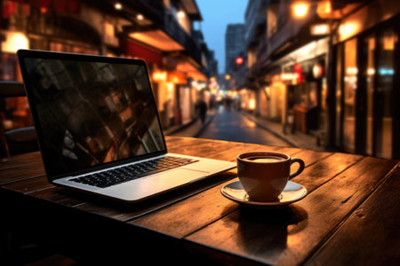 Laptop and cup of coffee on table in cafe against night street with glowing lights. Freelancer workplace, remote workの素材