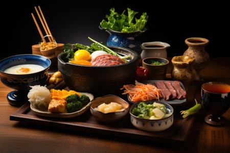 Traditional Japanese breakfast. Different Asian dishes on tableの素材