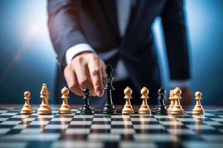 Man in business suit move chess figure on chessboard. Business strategy conceptの素材