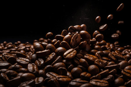 Brown roasted coffee beans on dark background, close upの素材