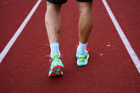 Male sprinter wearing Asics Noosa Tri 13 at stadium track preparing to running. Sport and fitness runner athlete training at stadium. Katy Wroclawskie, Poland - June 10, 2023のeditorial素材