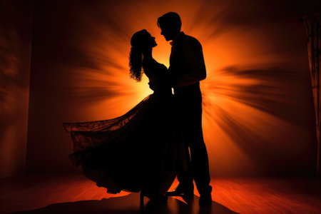 Couple dancing at sunset. Silhouettes of male and female lovers outdoors. Romantic emotionsの素材