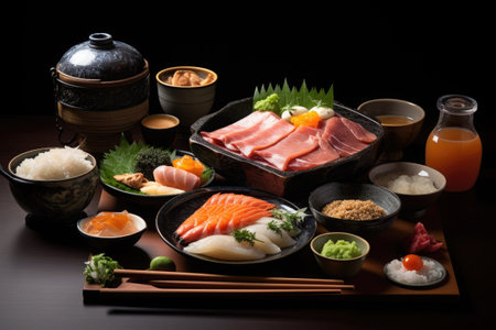Traditional Japanese breakfast. Different Asian dishes on tableの素材