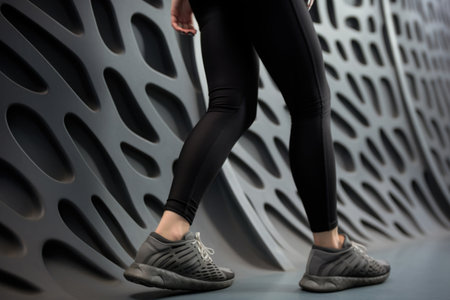 Stylish sneakers on abstract background. Female model wearing trendy shoes. Fashion youth styleの素材