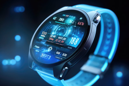 Digital smart watch with biometric functions on screen against abstract backgroundの素材