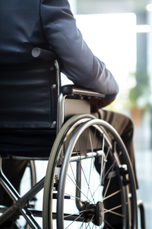 Disabled businessman in wheelchair in office workplace. Concept of inclusive employment and equality in businessの素材