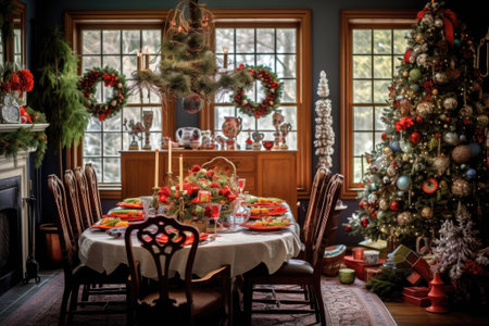 Stylish living room decorated for winter holidays. Cozy interior with festive Christmas tree. New Year backgroundの素材