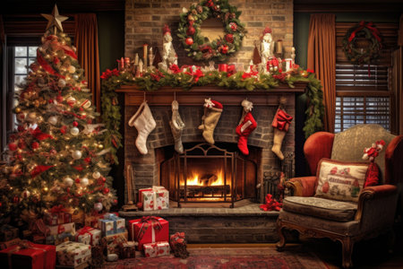 Stylish living room decorated for winter holidays. Cozy interior with festive Christmas tree. New Year backgroundの素材