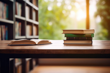 Stack of books on table against library background with bookshelves. Knowledge and education conceptの素材