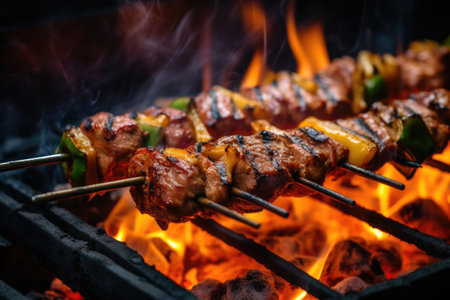 Barbecue skewers meat kebabs on grillの素材