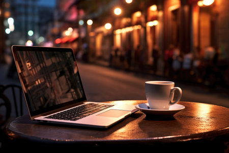 Laptop and cup of coffee on table in cafe against night street with glowing lights. Freelancer workplace, remote workの素材