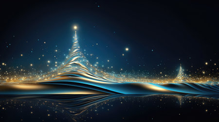 Golden lights in shape of Christmas tree on dark background. Christmas compositionの素材