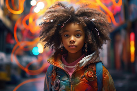 African American girl on street in bright colors. Portrait of female teenage with an African hairstyle. Individuality in societyの素材