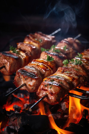 Barbecue skewers meat kebabs on grillの素材