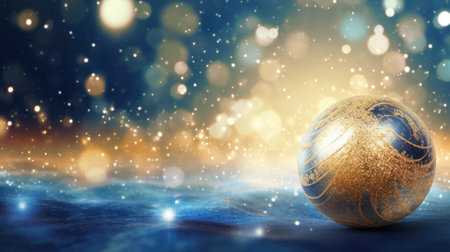 Festive balls on bright golden background. Christmas and New Year wallpaper. Composition for winter holidaysの素材