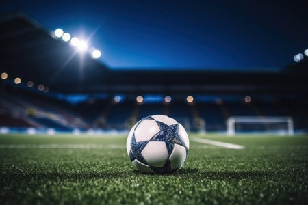 Soccer ball on green grass at sport stadium. Soccer field with spotlights in the nightの素材