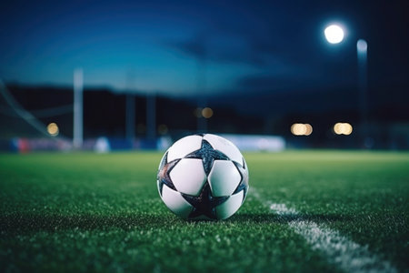 Soccer ball on green grass at sport stadium. Soccer field with spotlights in the nightの素材