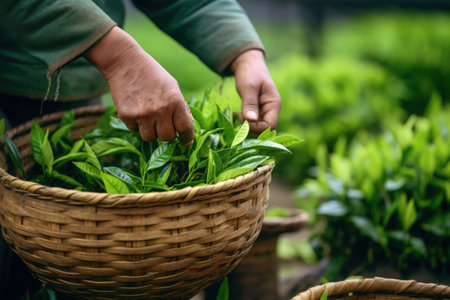 Person picking green tea leaves on plantation. Hands collect fresh tea in basketの素材