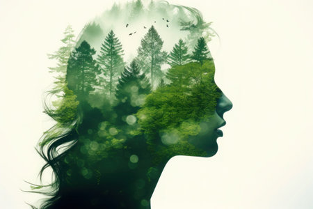 People and nature concept. Double exposure portrait of woman with green forest, creative artworkの素材