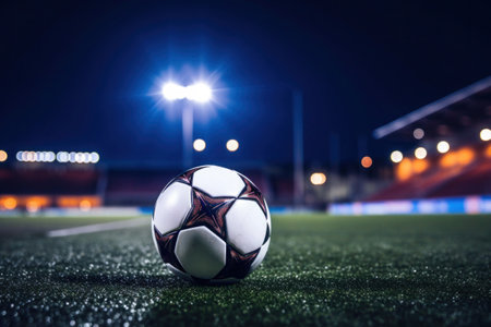 Soccer ball on green grass at sport stadium. Soccer field with spotlights in the nightの素材