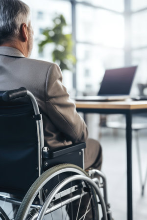 Disabled businessman in wheelchair in office workplace. Concept of inclusive employment and equality in businessの素材