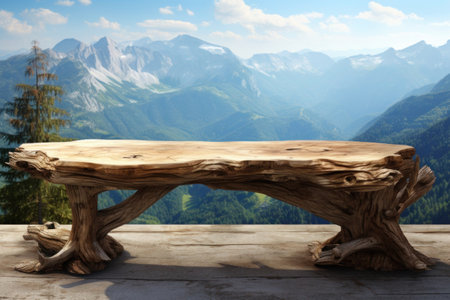 Empty wooden table with mountains background. Place for relax in nature with amazing view on rocky mountainの素材