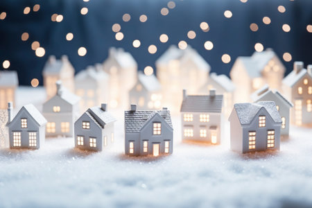 Snowy toy houses with blurred garland lights. Happy New Year and Merry Christmas bannerの素材