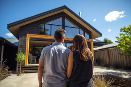Man and woman dream of buying new house. Happy couple stands in front of their new home. Real estate purchasing.の素材