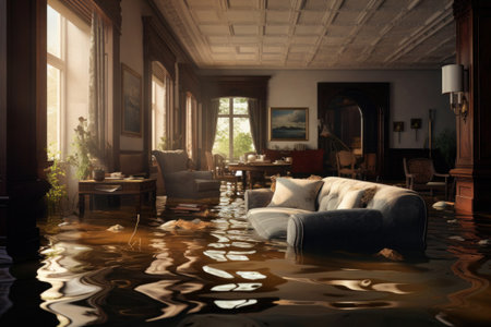 Flooded living room in residential house. Apartment with furniture after flood. Water leakage from neighbors. Property insuranceの素材