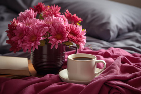 Cup of coffee and chrysanthemum at morning. Flowers bouquet in bed.の素材