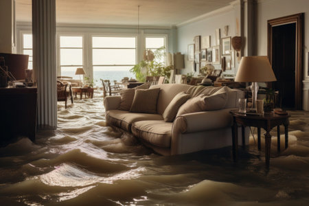 Flooded living room in residential house. Apartment with furniture after flood. Water leakage from neighbors. Property insuranceの素材