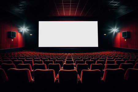 Cinema hall with red seats and white screen. Empty movie theatre interiorの素材