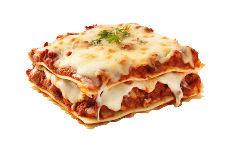 Lasagne isolated on white background. Piece of lasagna with bolognese sauce. Italian cuisineの素材