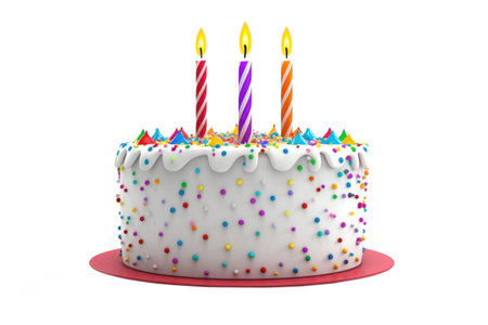 Colorful birthday cake with burning candles, sprinkles and icing isolated on white background. Dessert for celebrationの素材