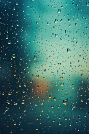 Raindrops on glass with blurred background. Abstract texture with drops on windowの素材