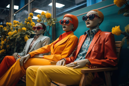 Mannequins show fashion clothes in shop. Sale of luxury clothing in shopping mallの素材