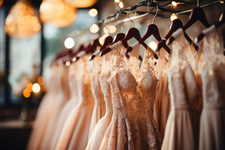 Elegant wedding dresses hanging on hangers in shop. Bridal dress in wedding boutique salonの素材