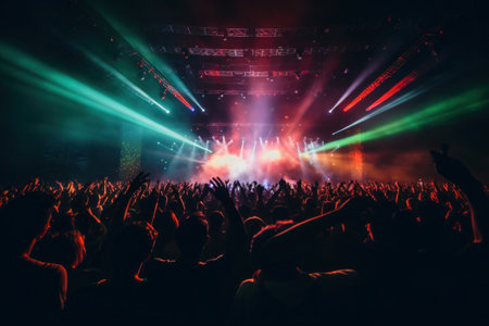 Silhouettes of crowd at concert in front of stage with bright spotlights. Concert hall with musicians on stage and fans during music festivalの素材
