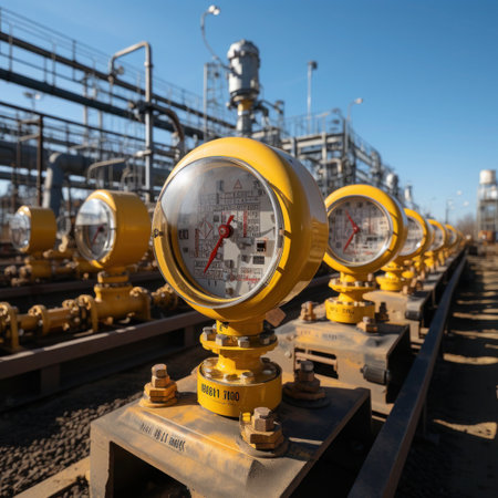 Measurement instrument for gas pressure. Yellow pressure gauge mounted on pipeline.の素材
