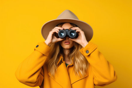 Woman looking through binoculars on yellow background.の素材
