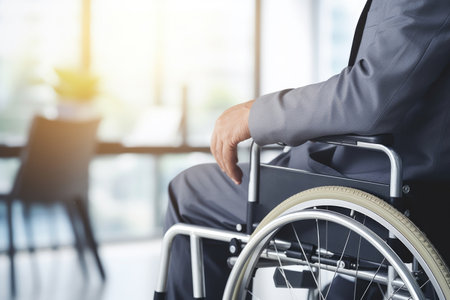 Disabled businessman in wheelchair in office workplace. Concept of inclusive employment and equality in businessの素材